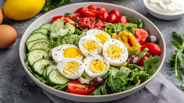 Fresh Salad Bowl with Eggs, Olives, and Cherry Tomatoes, Organic Food