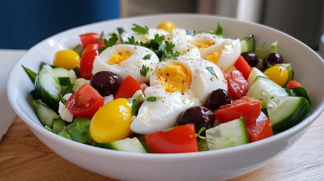 Fresh Salad Bowl with Eggs, Olives, and Cherry Tomatoes, Organic Food