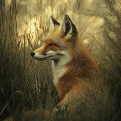 Fototapeta premium Serene Red Fox in Golden Hour Meadow