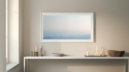 A white rectangular frame displayed in a hallway, above a long, narrow console table with candles and a small decorative bowl. HD 8K mockup wallpaper Photographic Image