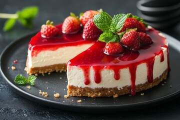 Delicious cheesecake topped with fresh strawberries and berry sauce on a black plate