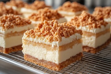 Delicious layered dessert with crunchy topping displayed on a cooling rack in a cozy kitchen setting