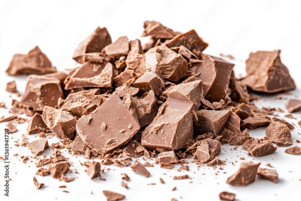 Poster chocolate chunks scattered on a white surface create an appealing and delicious dessert preparation 