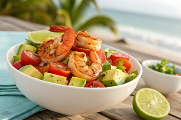 Delicious Seafood Salad with Grilled Shrimp, Avocado, and Lime in a Beachside Setting