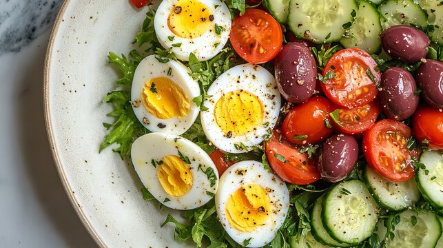 Fresh Salad Bowl with Eggs, Olives, and Cherry Tomatoes, Organic Food