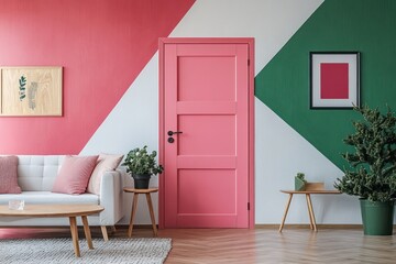 Pink door, modern living room, geometric walls, plants
