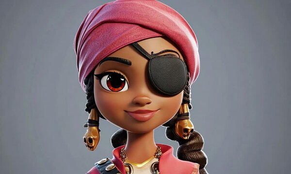 Young pirate girl with an eye patch and pink scarf, posing confidently against a gray backdrop