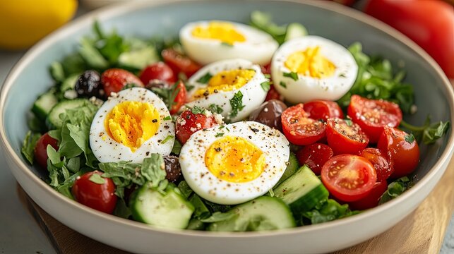 Fresh Salad Bowl with Eggs, Olives, and Cherry Tomatoes, Organic Food - Powered by Adobe