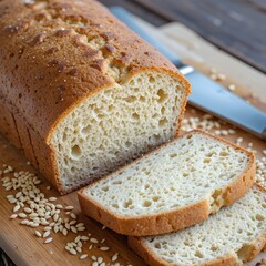 A rustic bread loaf with a golden-brown crust, sliced and surrounded by grains and a knife on a wooden cutting board, loaf of bread