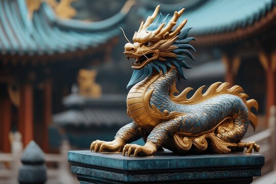 A detailed golden and blue dragon statue in front of architecture - Powered by Adobe