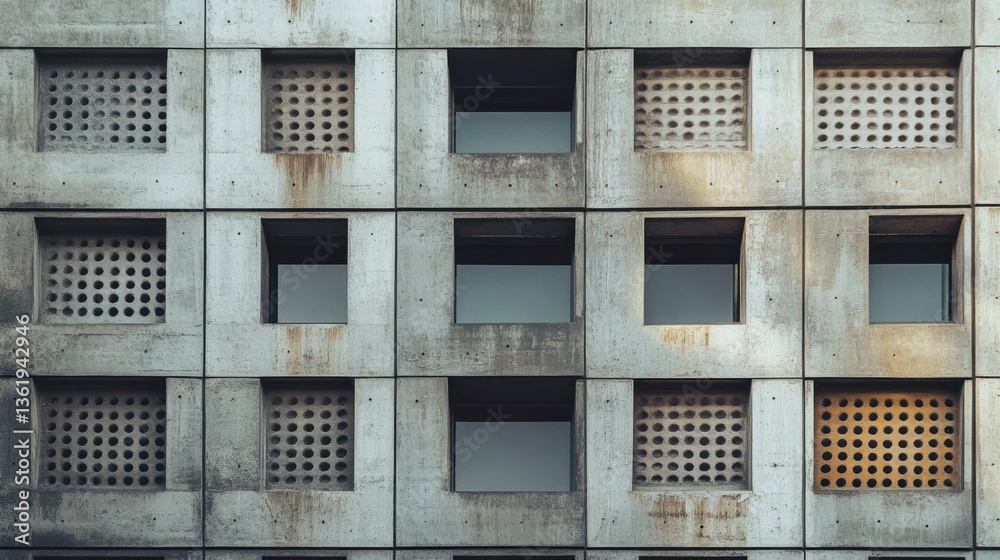 Aufkleber weathered concrete building facade with grid of square windows and vents.