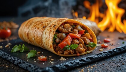Dark slate board with fiery burning background, sizzling chicken shawarma durum doner wrap, dramatic lighting, ultra-realistic food photography