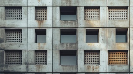 Weathered concrete building facade with grid of square windows and vents.