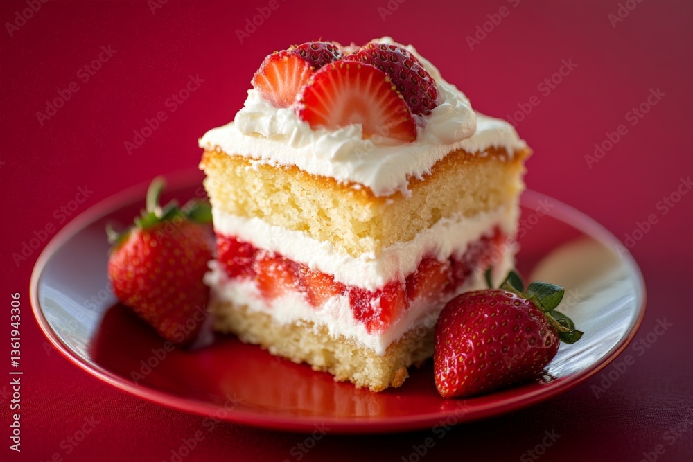 Poster strawberry layer cake served on a red plate with fresh strawberries beside it