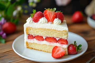 Slice of creamy vanilla cake layered with fresh strawberries and whipped cream served on a white plate