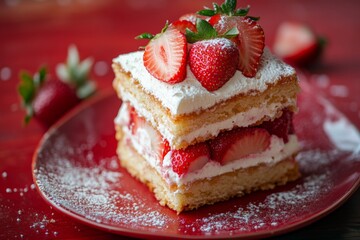 Delicious strawberry shortcake served on a vibrant red plate with fresh strawberries nearby