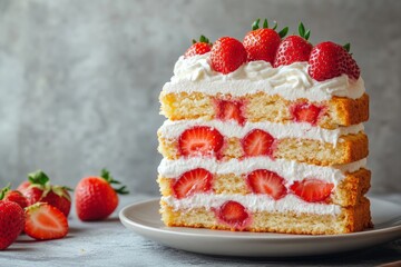 Delicious strawberry layer cake with whipped cream and fresh strawberries on top