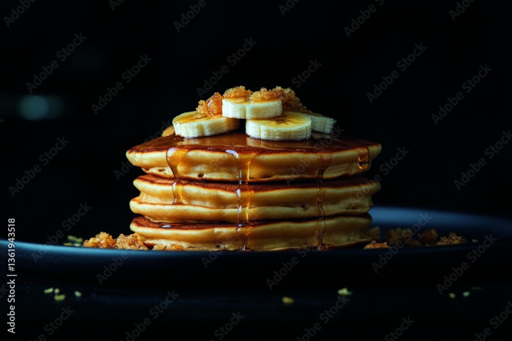 Aufkleber stack of fluffy pancakes topped with banana slices and syrup on a dimly lit plate