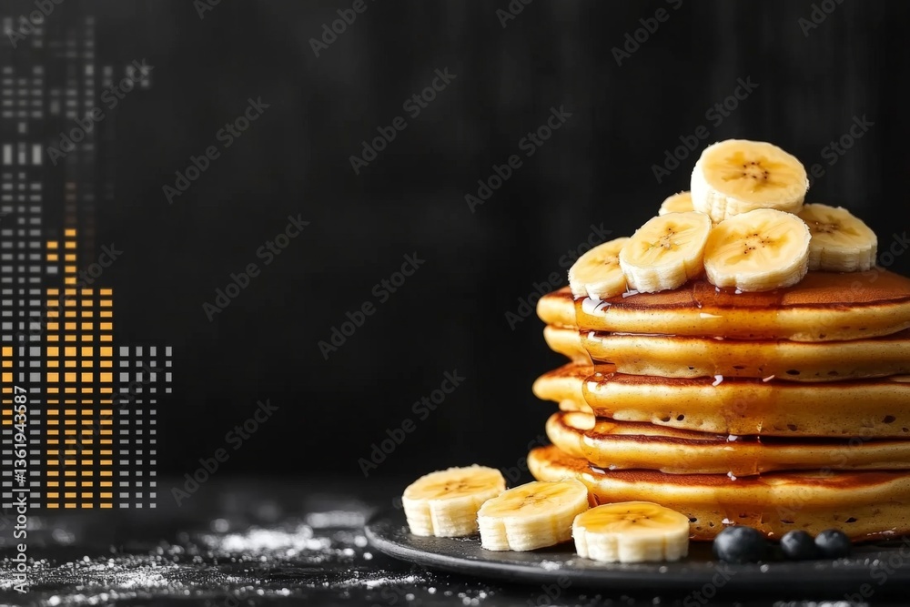 Aufkleber Delicious stack of pancakes topped with banana slices and syrup on a dark background