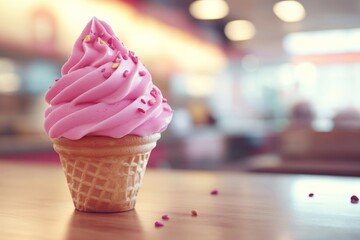 Colorful soft serve ice cream in a cone served in a brightly lit dessert shop