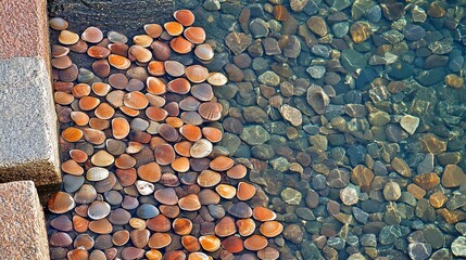 Smooth stones poolside, water feature design, zen garden background, spa brochure