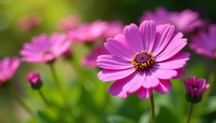Obraz premium - Closeup of purple erigeron flowers blooming in a sunny garden, erigeron, blooming