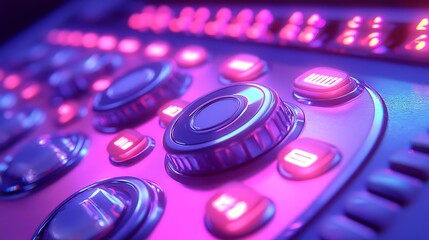 Obraz premium Close-up of futuristic control panel with illuminated buttons and knobs.