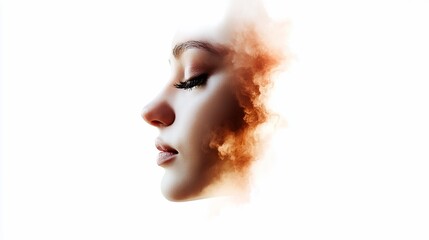 Elegant woman profile with a cascade of golden dust creating ethereal visual