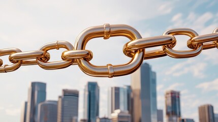 Naklejka premium law restriction policy concept. Metal chain links with a city skyline backdrop.