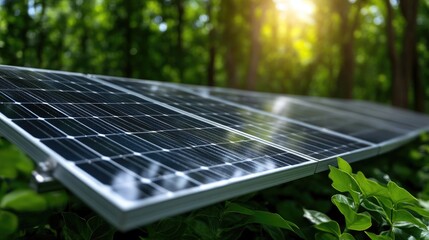 Fototapeta premium Solar panels nestled in lush forest setting. Sunlight streams through the trees, illuminating the panels