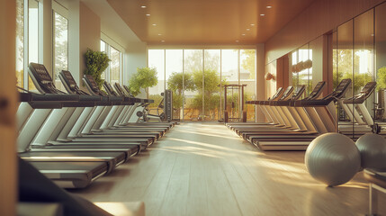 Modern gym interior featuring treadmills and fitness equipment in a bright, airy space with natural light