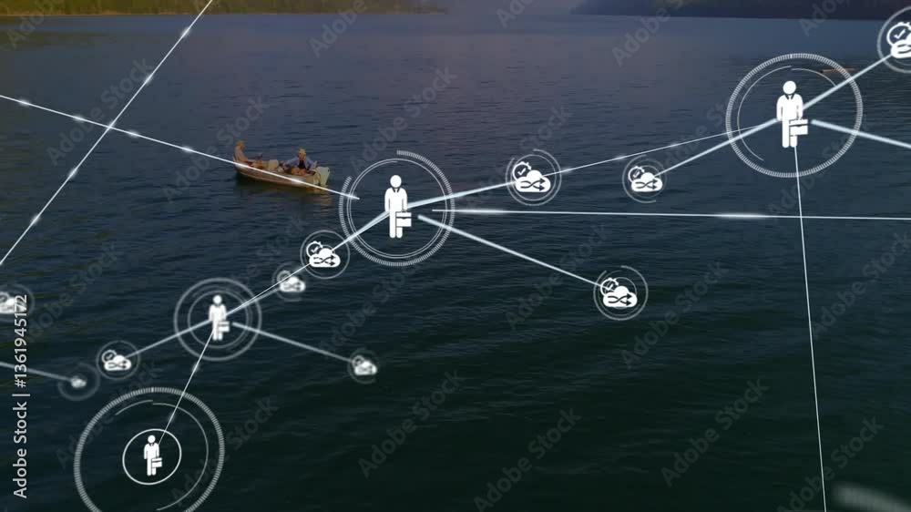 Poster boat on lake with network of connections and data processing animation overlay