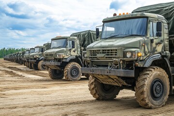 Military trucks lined up on dirt road in preparation for deployment at training exercise