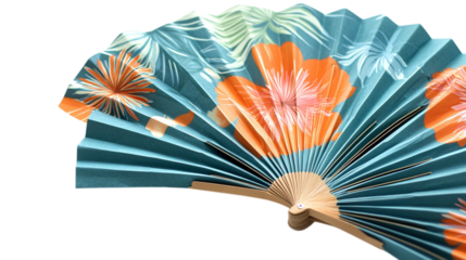 Three small, partially opened hand fans are arranged horizontally against a white background. The fan on the left features red and white stripes with some red floral accents and a light brown base. Th