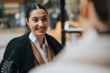 Confident woman smile while engaging in a discussion in a modern business environment. The scene is...