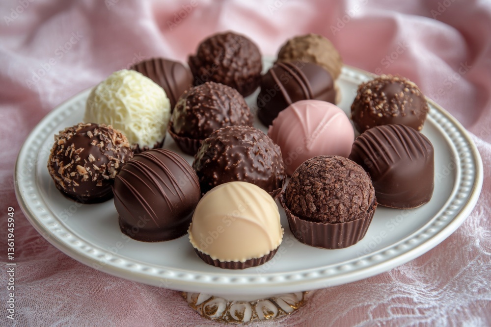 Poster decadent assortment of handmade chocolates arranged on an elegant porcelain plate with a soft pink b