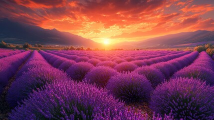 Vibrant sunset over a vast lavender field in a mountainous landscape.