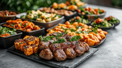 Diverse buffet of grilled and cooked foods
