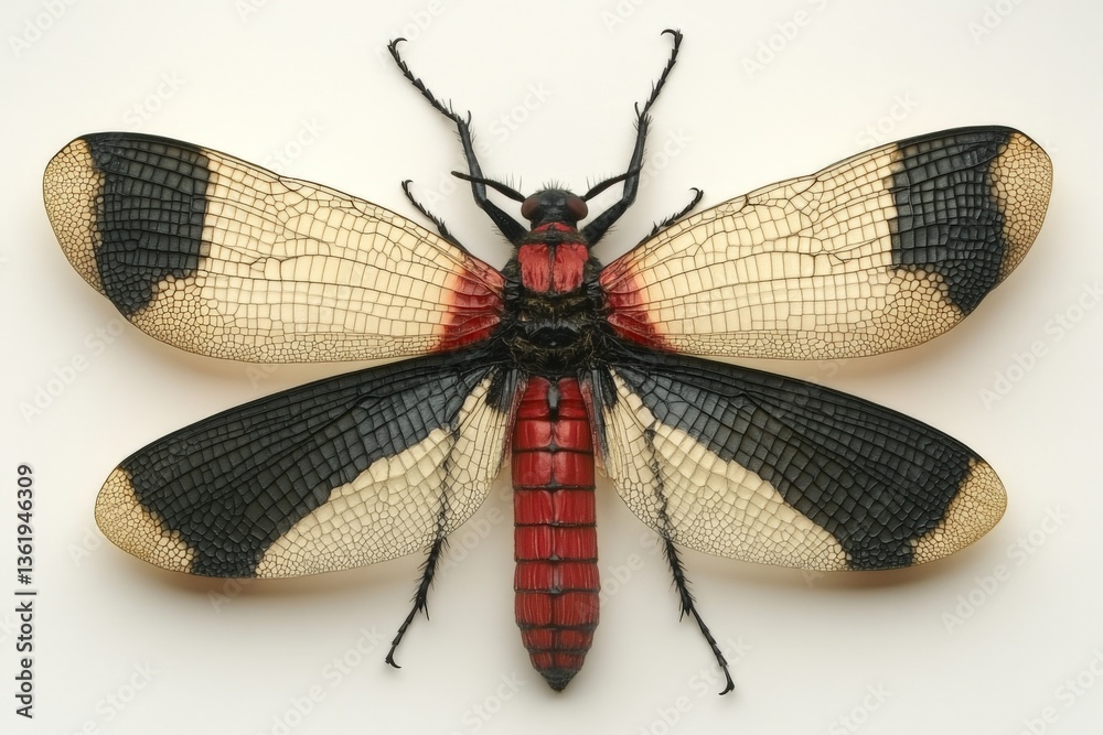 Poster vibrant red and black insect with striking wings displayed on a neutral background