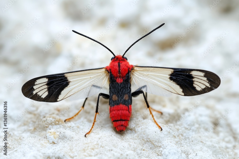 Poster Brightly colored moth resting on a white surface in a natural setting during daylight hours