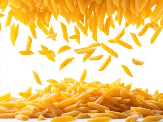 Fototapeta premium Against a pure white background, fresh Italian penne pasta dances and falls, creating natural shadows and a depth of field in the photo