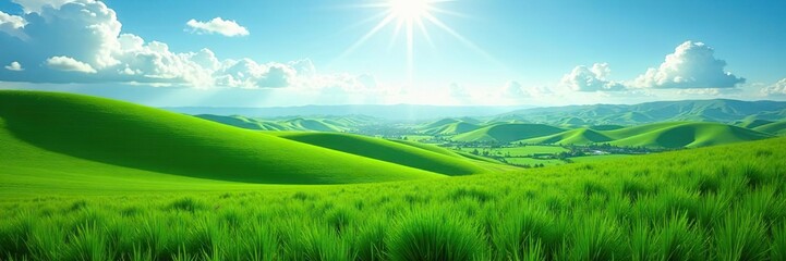 Green fields stretching as far as the eye can see, surrounded by crystal-clear blue waters sparkling under the sun,  agriculture,  countryside