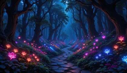Obraz premium A neon fairy tale forest glowing under a twilight sky, luminous flowers and bioluminescent plants illuminating a winding mystery path