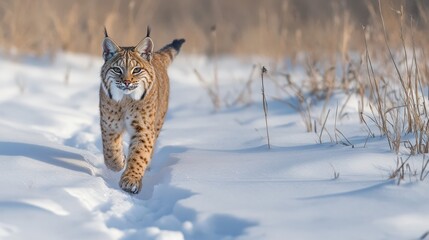 The distinct paw prints of a bobcat trailing through a patch of freshly fallen snow.