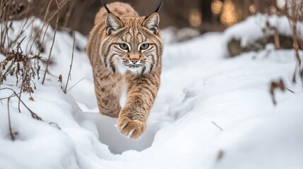 Fototapeta premium The distinct paw prints of a bobcat trailing through a patch of freshly fallen snow.