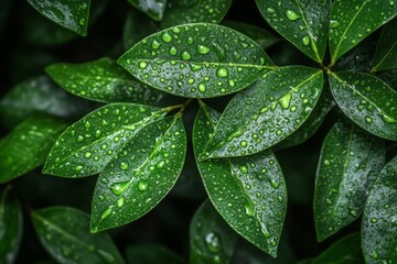 Rain-drenched leaves glistening with water droplets in a lush green environment