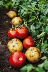 Freshly picked tomatoes and potatoes growing together in a lush garden on a sunny day in summer