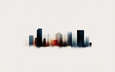 Naklejka premium Stylized cityscape illustration, minimalist design, soft watercolor effect, muted color palette, buildings in shades of gray, black, and red against a light background. Evokes a calm, serene mood