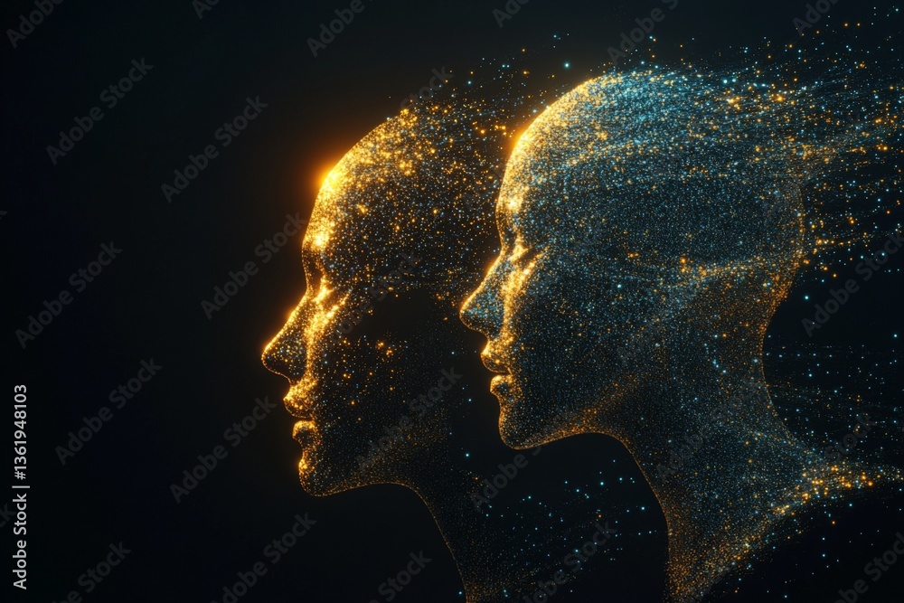 Fototapete Digital portraits of two abstract human figures illuminated with glowing particles in dark background