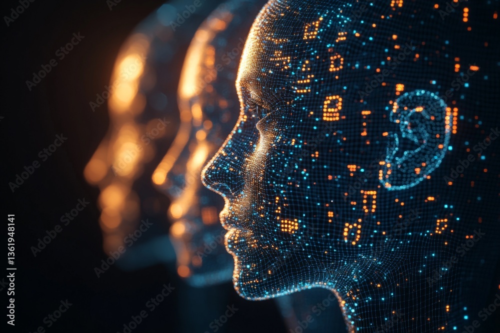 Fototapete Digital representation of human-like figures with glowing data patterns in a dark space showcasing artificial intelligence concepts